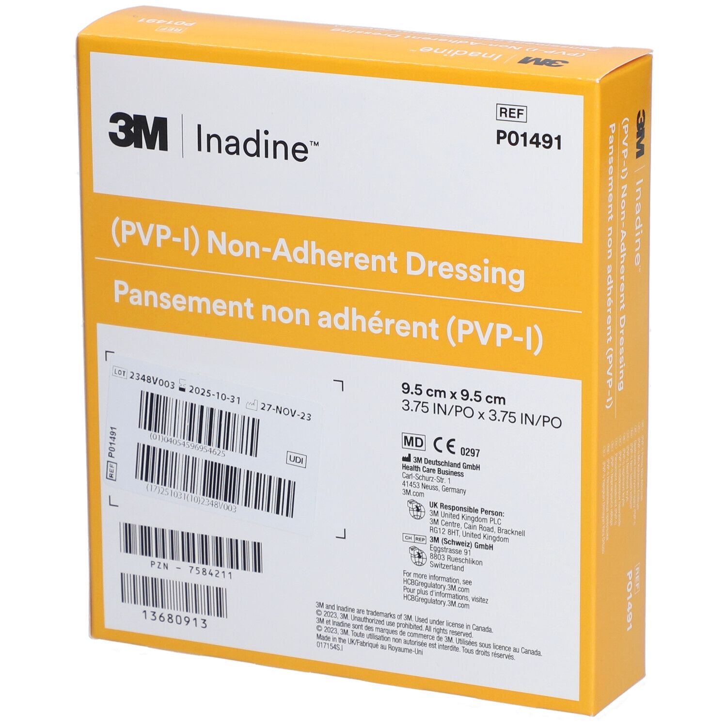Gele verpakking met 3M en Inadine logo. (PVP-I) Niet-verklevend verband. Afmeting: 9,5 x 9,5 cm. Met barcode en CE-markering.