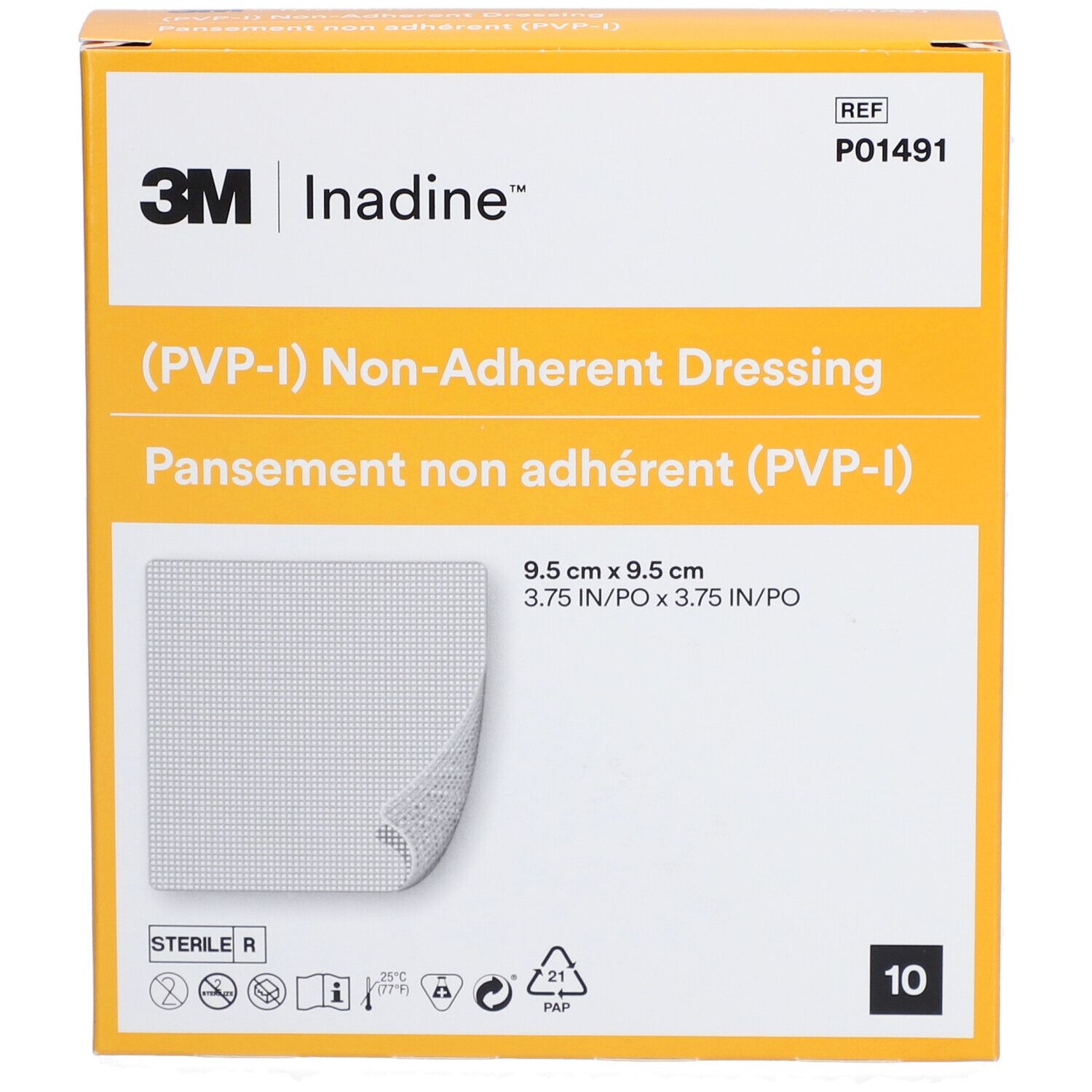 Gele verpakking met 3M en Inadine logo. (PVP-I) Niet-verklevend verband. Afmeting: 9,5 x 9,5 cm. Bevat 10 stuks.