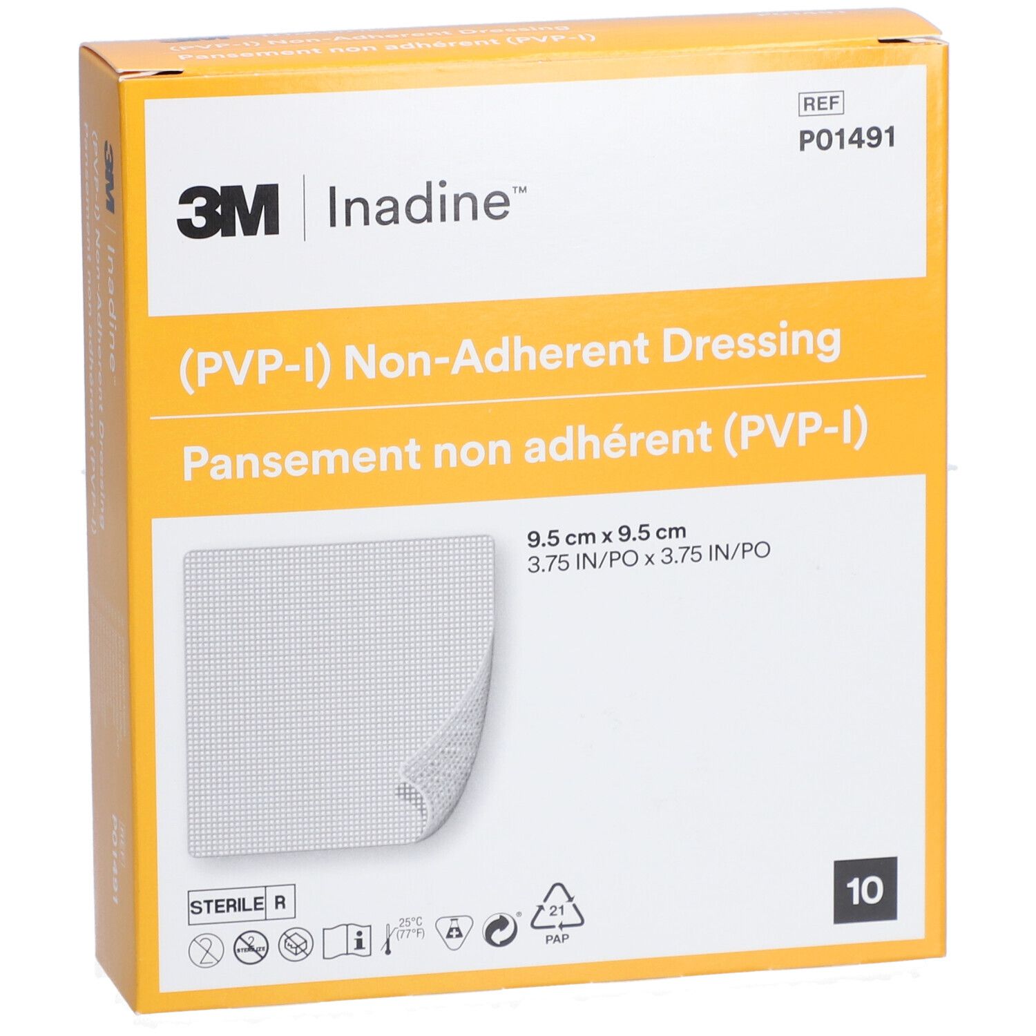 Gele verpakking met 3M en Inadine logo. (PVP-I) Niet-verklevend verband. Afmeting: 9,5 x 9,5 cm. Bevat 10 stuks.