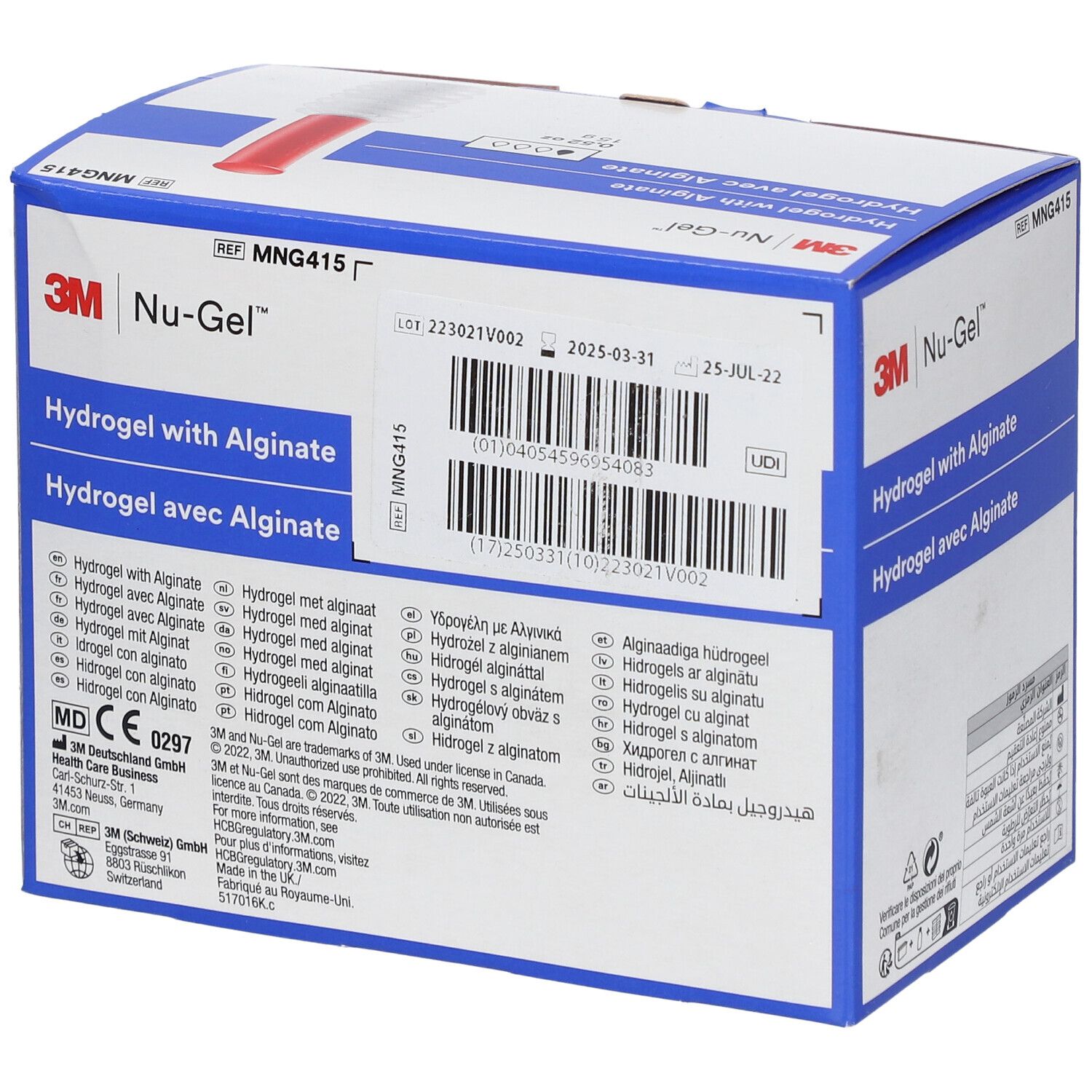 Boîte de 10 tubes d'hydrogel avec alginate. Logo 3M Nu-Gel. Tubes rouges et blancs. 0,52 oz/15 g. Numéro de lot et date d'expiration.