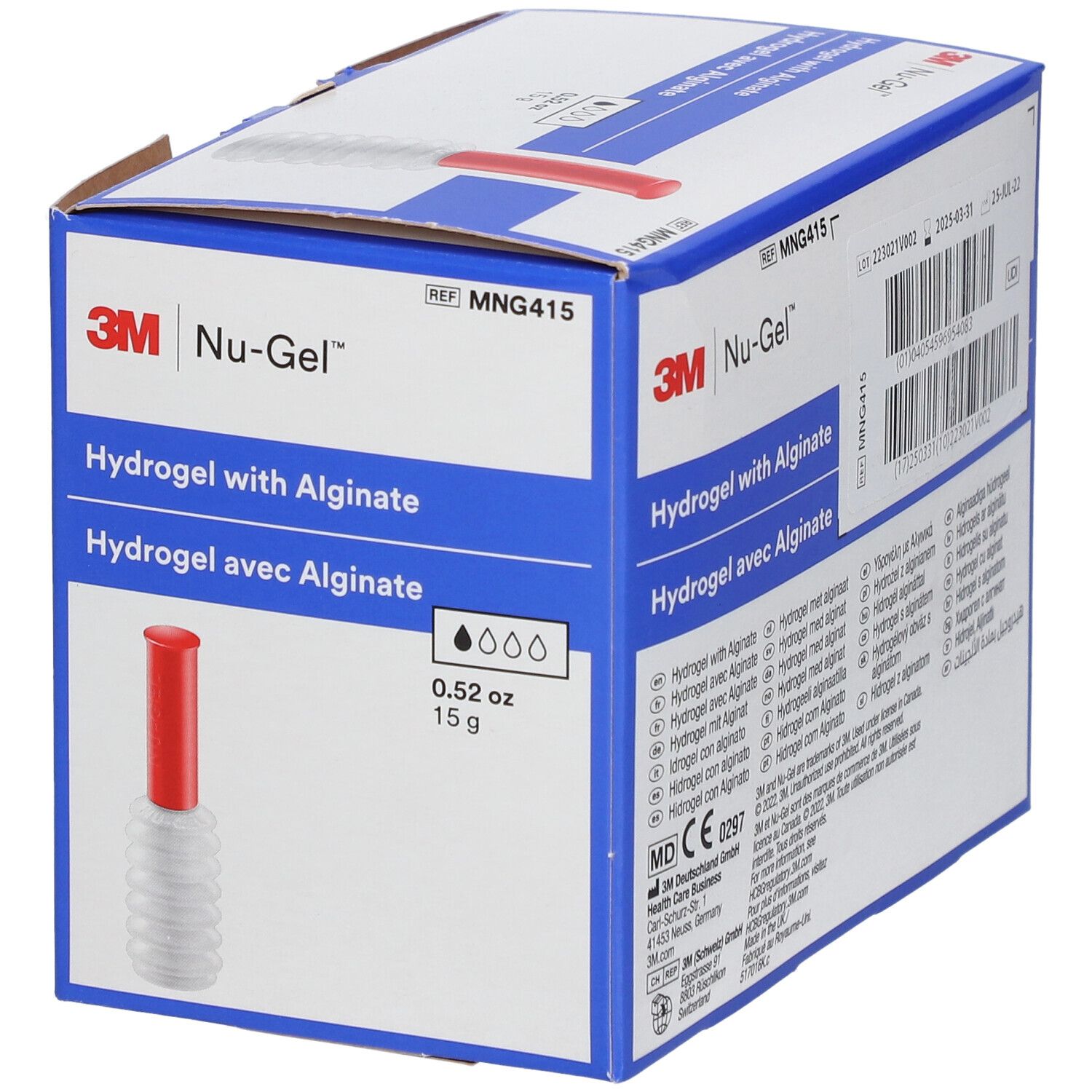 Boîte de 10 tubes d'hydrogel avec alginate. Logo 3M Nu-Gel. Tubes rouges et blancs. 0,52 oz/15 g.