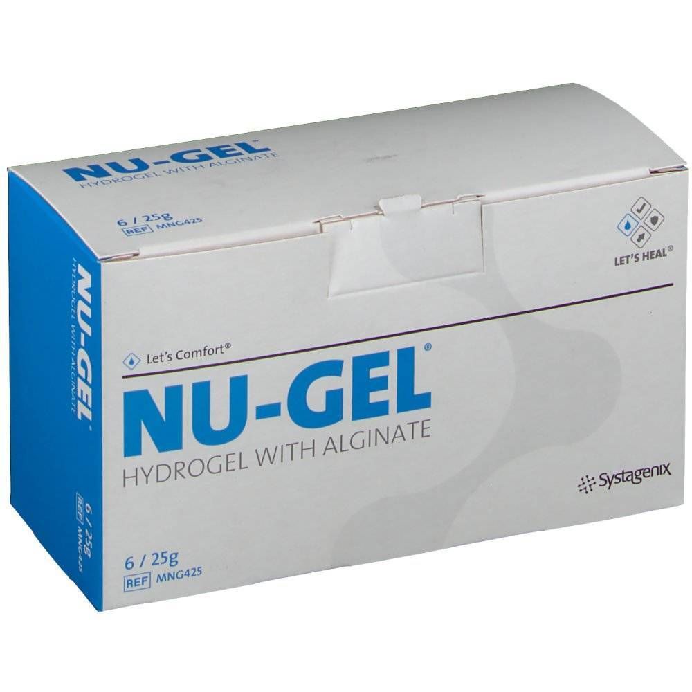 Boîte de Nu-Gel Hydrogel avec alginate. Six sachets de 25g. Emballage bleu et blanc avec nom et logo du produit.