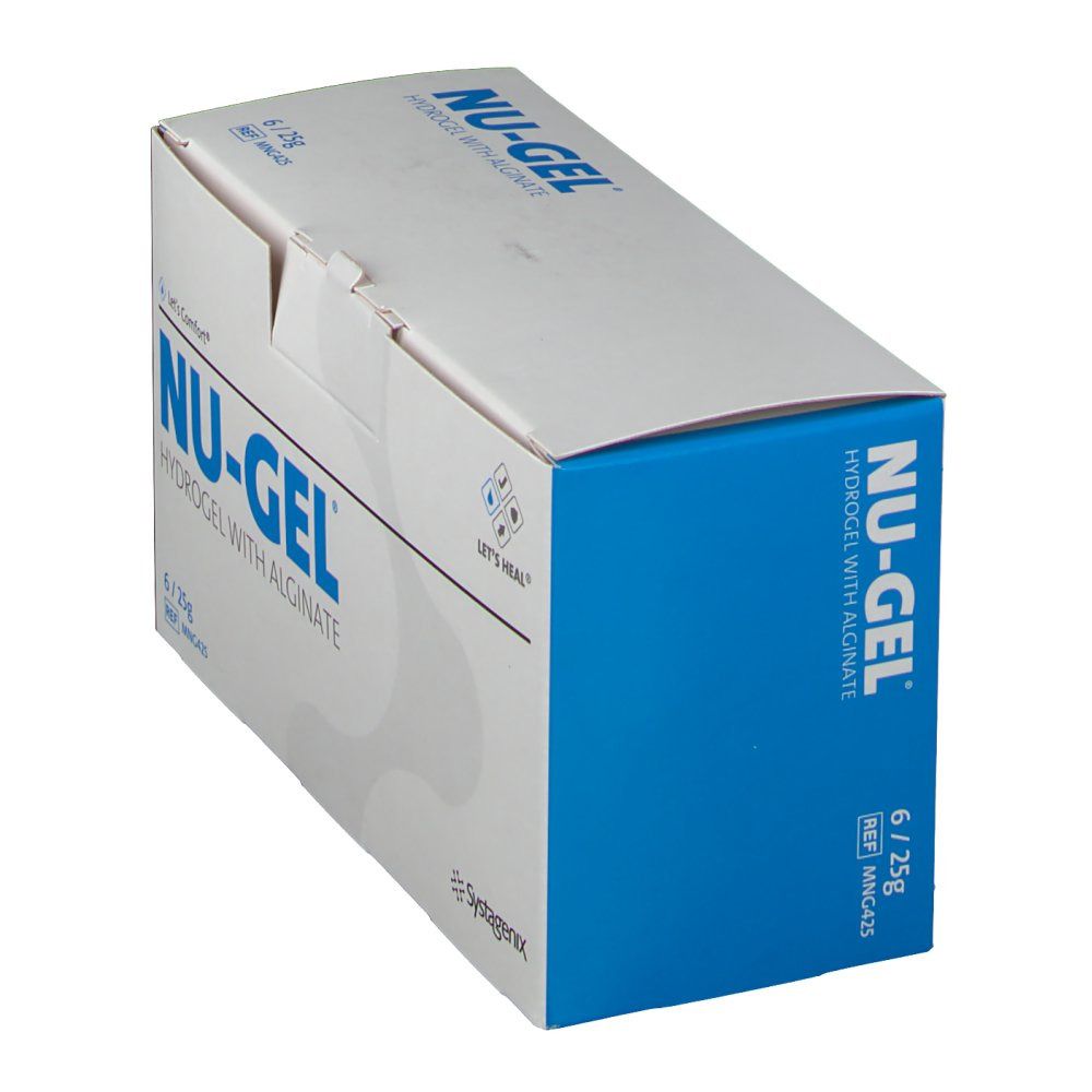 Vue en biais de l'emballage Nu-Gel. Côté bleu avec nom et logo du produit. Dessus blanc avec informations.