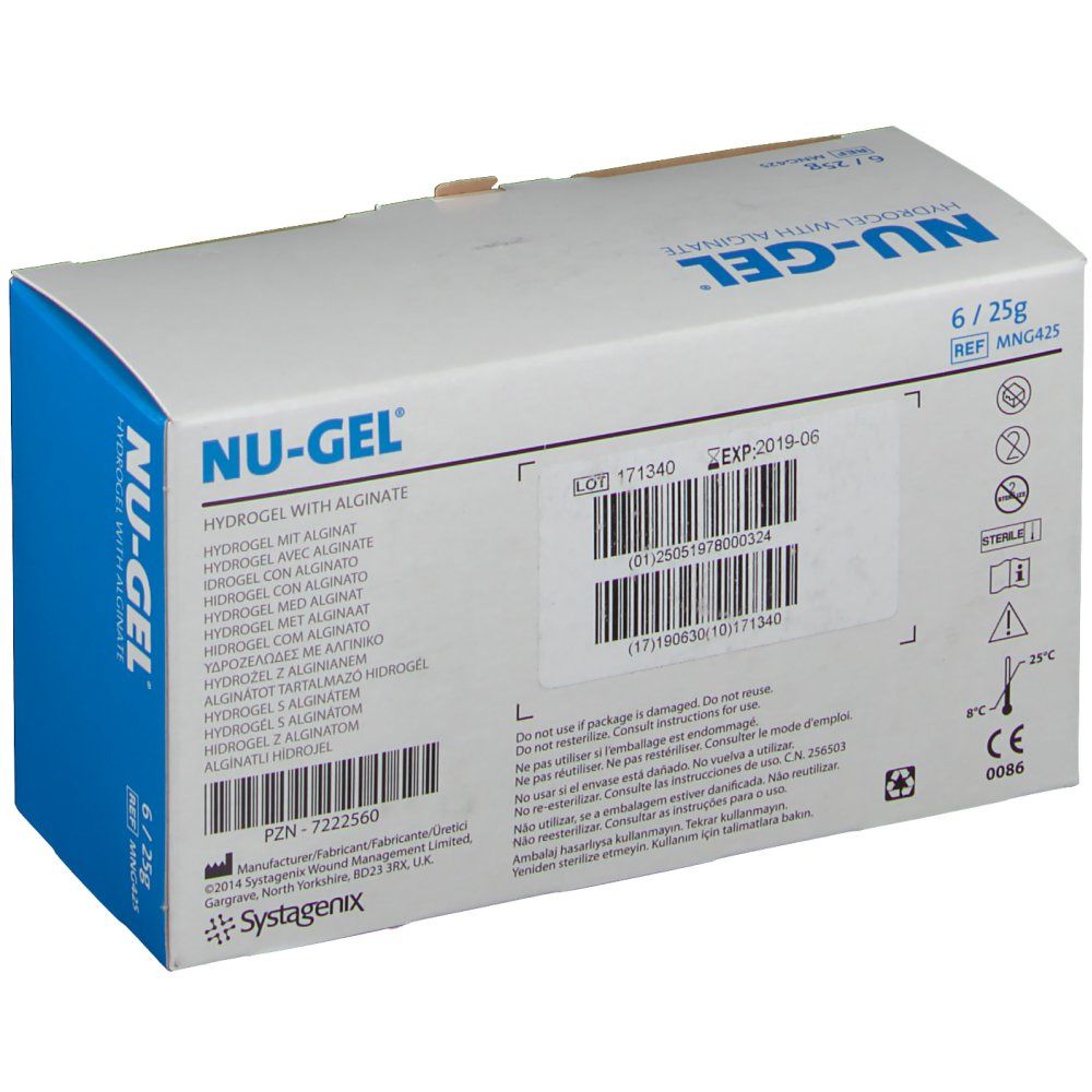 Dos de l'emballage Nu-Gel. Contient des informations sur le produit, le numéro de lot, la date d'expiration et le code-barres. Emballage blanc.