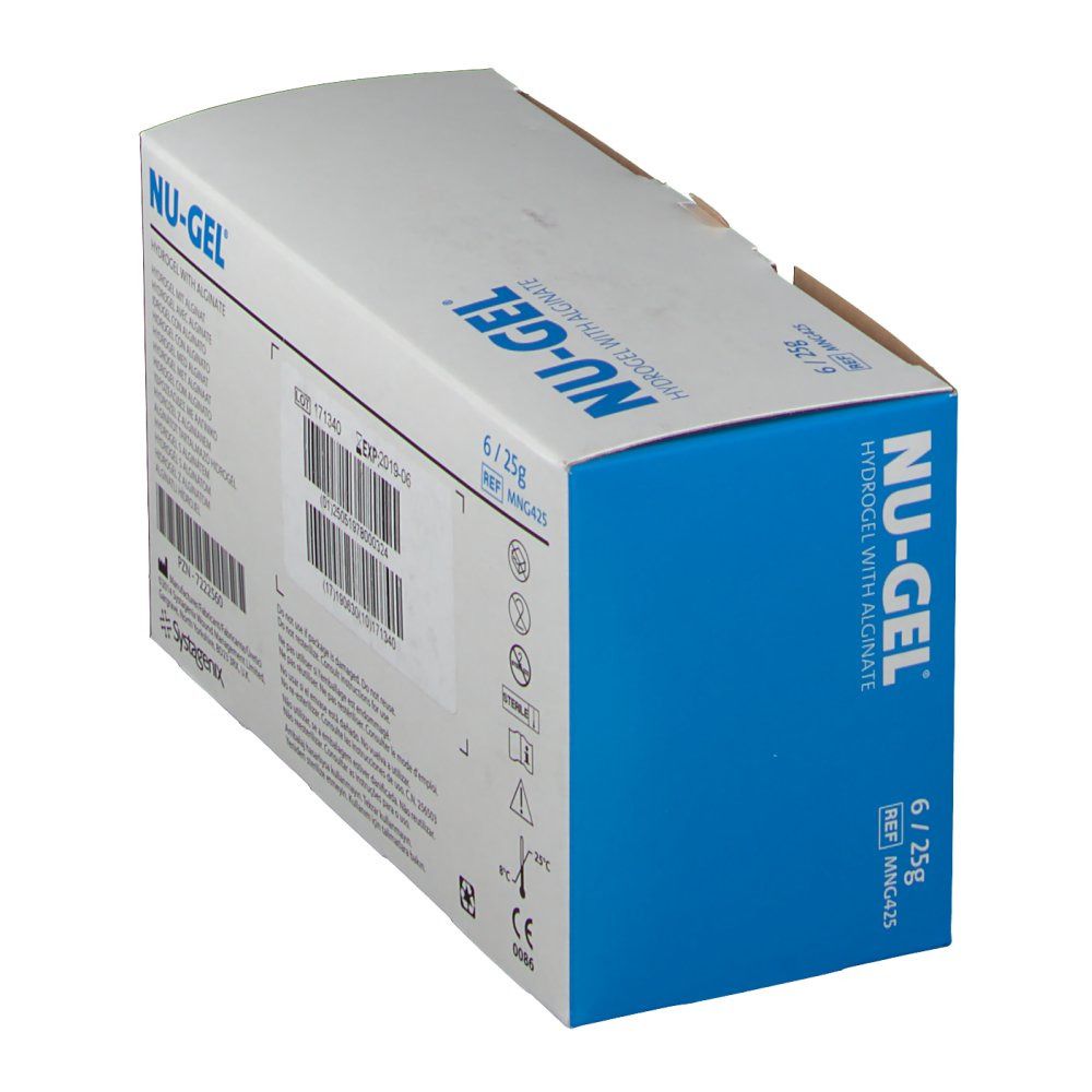 Vue en biais de l'emballage Nu-Gel. Côté bleu avec nom et logo du produit. Dessus blanc avec informations.