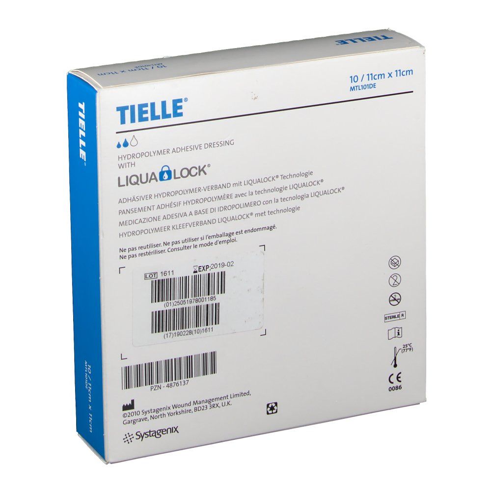 Rückseite der TIELLE-Verpackung. Hydropolymer-Verband, 10x11cm. Mit LIQUALOCK-Technologie. Herstellerinformationen. CE-Kennzeichnung.