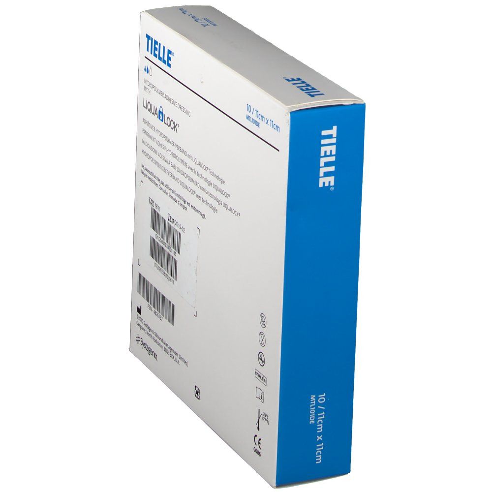 Schräg gestellte Rückseite der TIELLE-Verpackung. Hydropolymer-Verband, 10x11cm. Mit LIQUALOCK-Technologie. CE-Kennzeichnung.