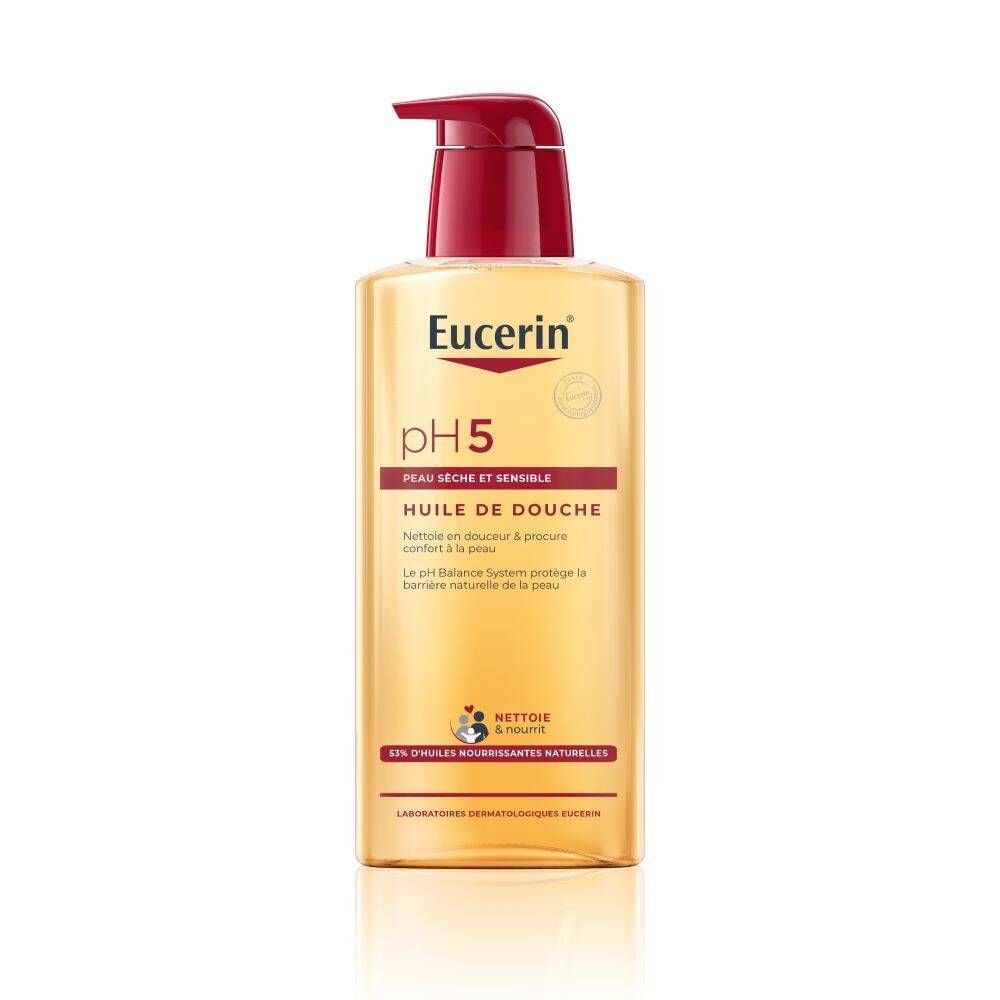 Flacon d'huile de douche Eucerin pH5 avec pompe rouge. Liquide jaunâtre. Texte : pH5, protection de la peau, huile.