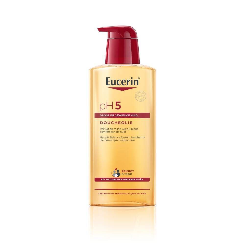 Eucerin pH5 doucheolie fles met rode pomp. Gelige vloeistof. Tekst: pH5, droge en gevoelige huid.