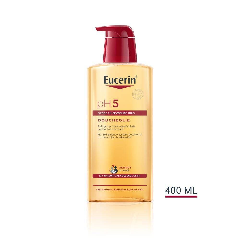 Eucerin pH5 doucheolie fles met rode pomp. Gelige vloeistof. Tekst: pH5, 400 ml.
