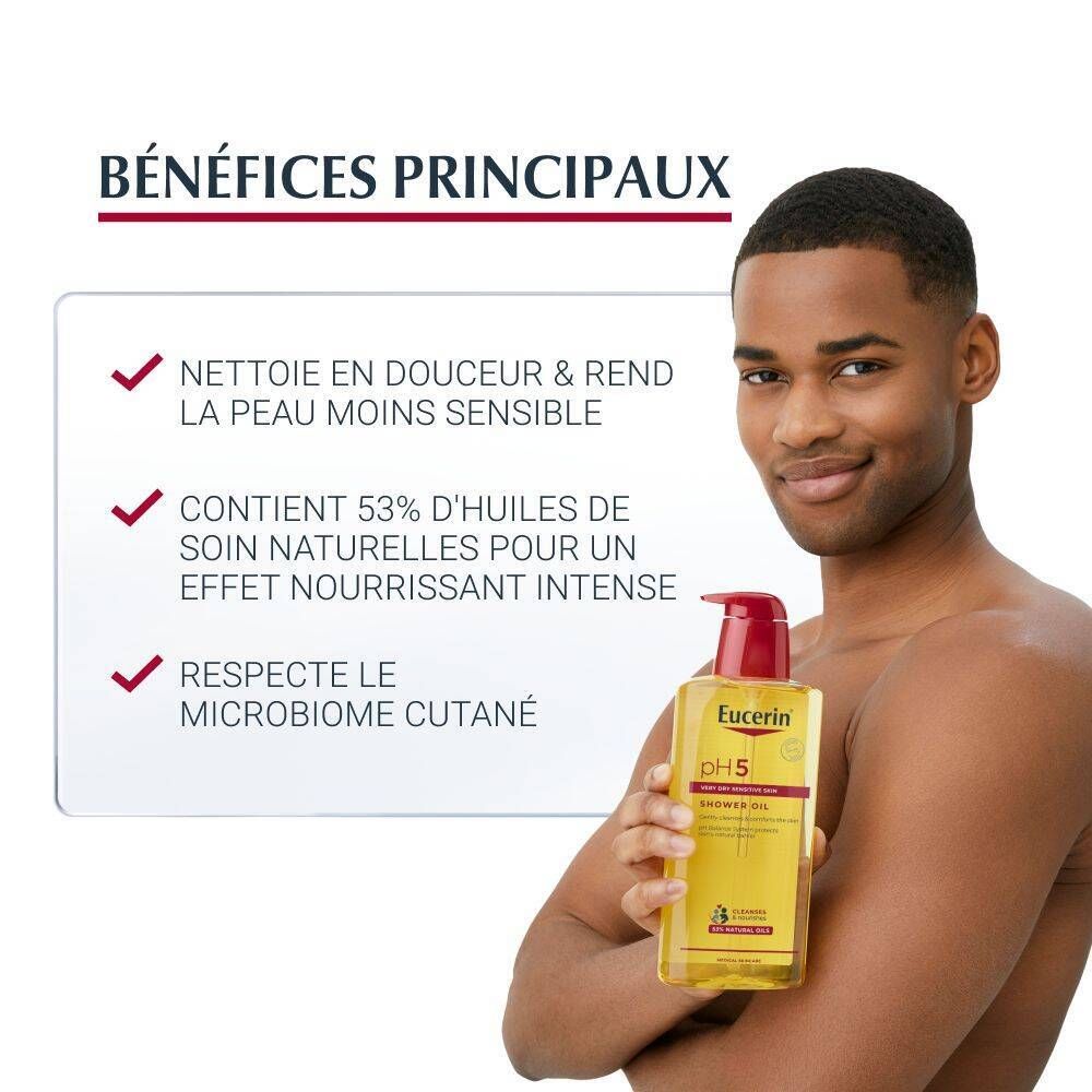 Homme tenant un flacon d'huile de douche Eucerin pH5. Texte : Avantages, nettoie en douceur, 53% huiles naturelles, respecte le microbiome.