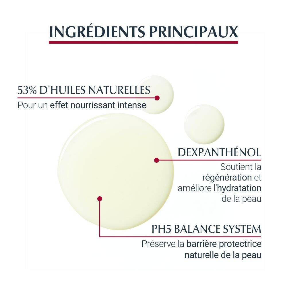 Ingrédients : 53% huiles naturelles, Dexpanthénol, pH5 Balance System. Texte : Pour un effet nourrissant intense.