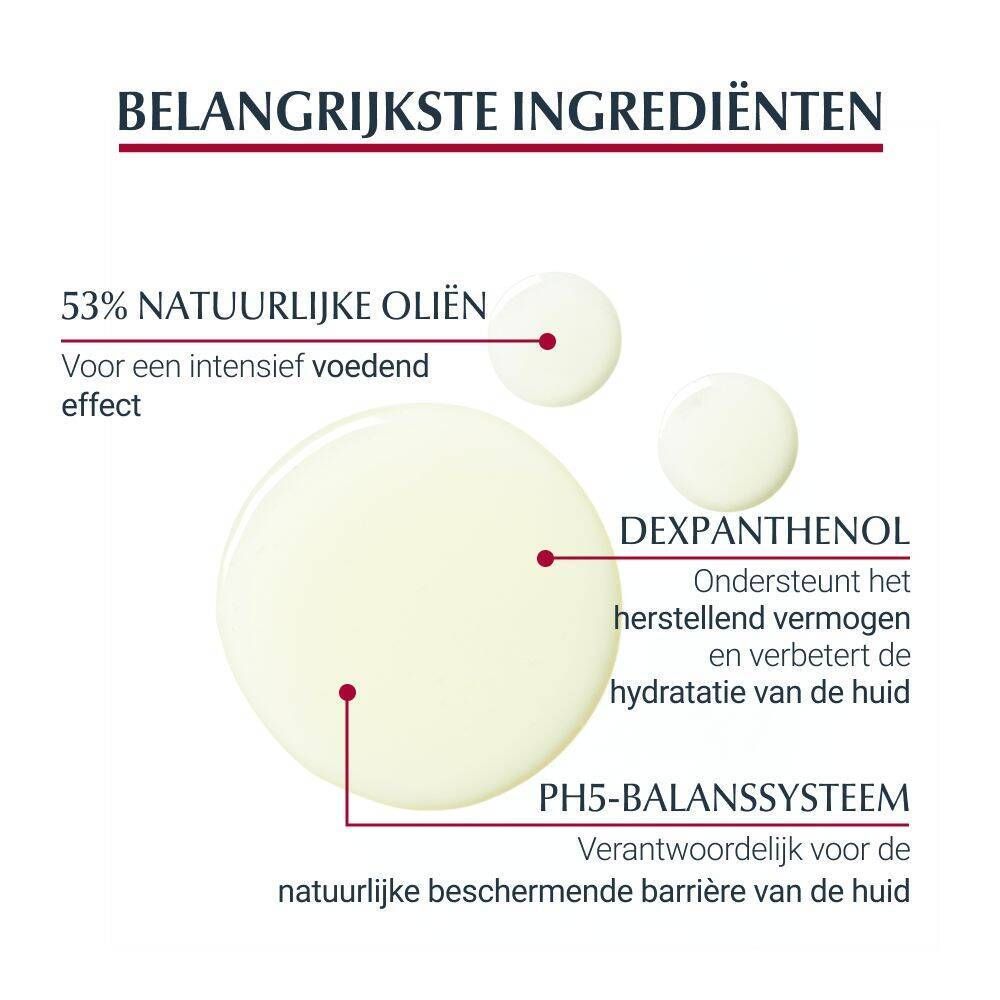 Ingrediënten: 53% natuurlijke oliën, Dexpanthenol, pH5 Balance System. Tekst: Voor een intensief voedend effect.