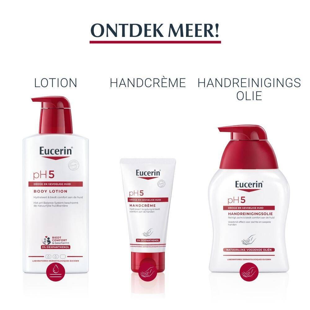 Eucerin producten: Lotion, handcrème, handreinigingsolie. Rode accenten. Tekst: Ontdek meer!