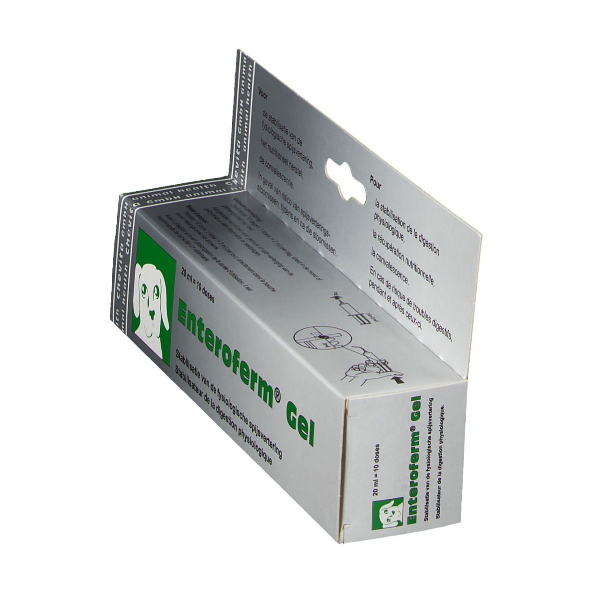 Geopend doosje Enteroferm® Gel. Groen-witte verpakking met productnaam en hondenlogo. Tekst in meerdere talen.