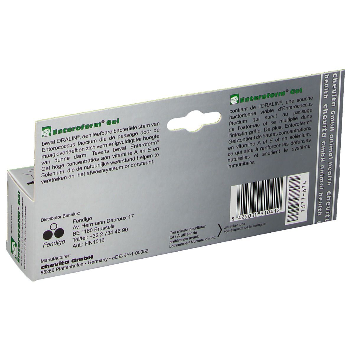 Achterkant verpakking Enteroferm® Gel. Tekst in meerdere talen, fabrikantinfo en barcode.