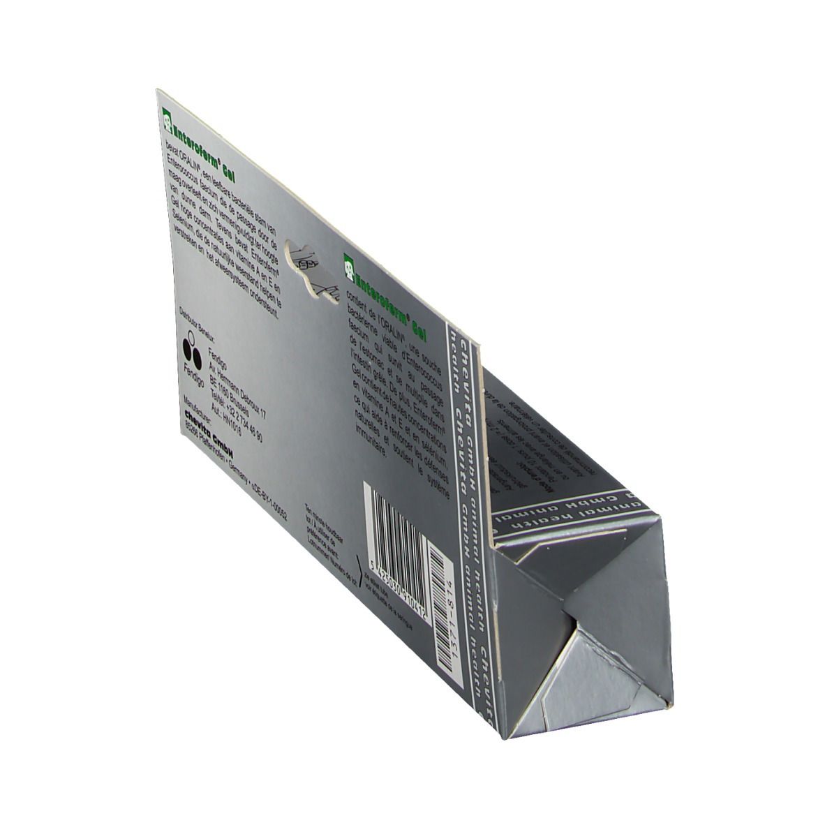 Schuin geplaatste achterkant verpakking Enteroferm® Gel. Tekst in meerdere talen, fabrikantinfo en barcode.