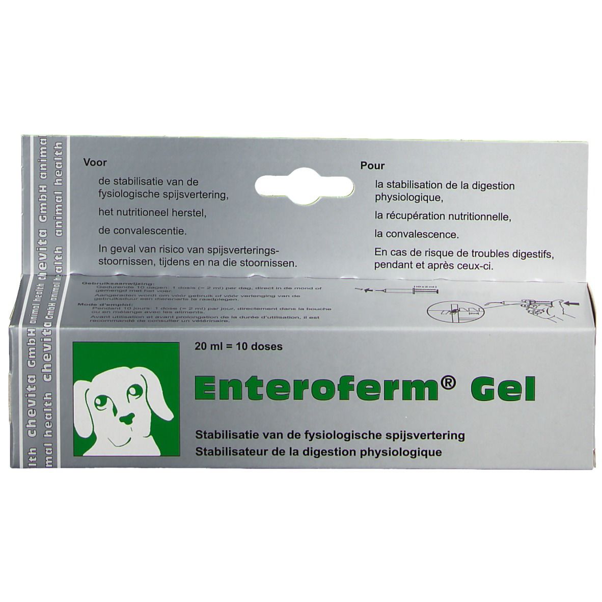 Verpakking Enteroferm® Gel. Groen-wit doosje met productnaam, hondenlogo en tekst in meerdere talen.