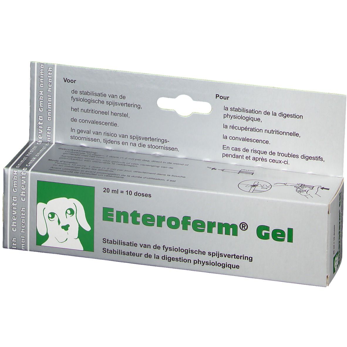 Verpakking Enteroferm® Gel. Groen-wit doosje met productnaam, hondenlogo en tekst in meerdere talen.
