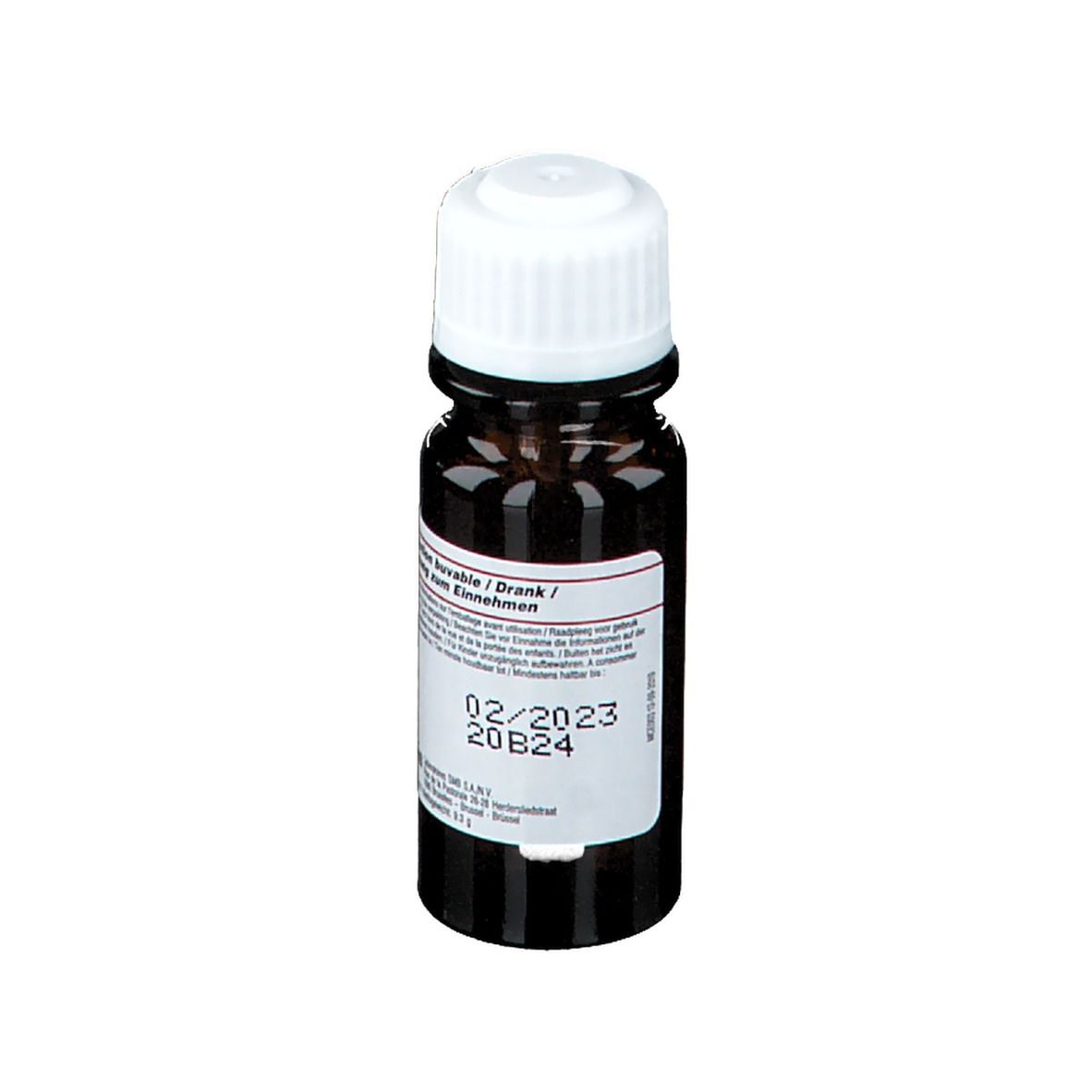 Flacon en verre brun avec bouchon blanc. Étiquette avec informations et date d'expiration 02/2023. Logo SMB.