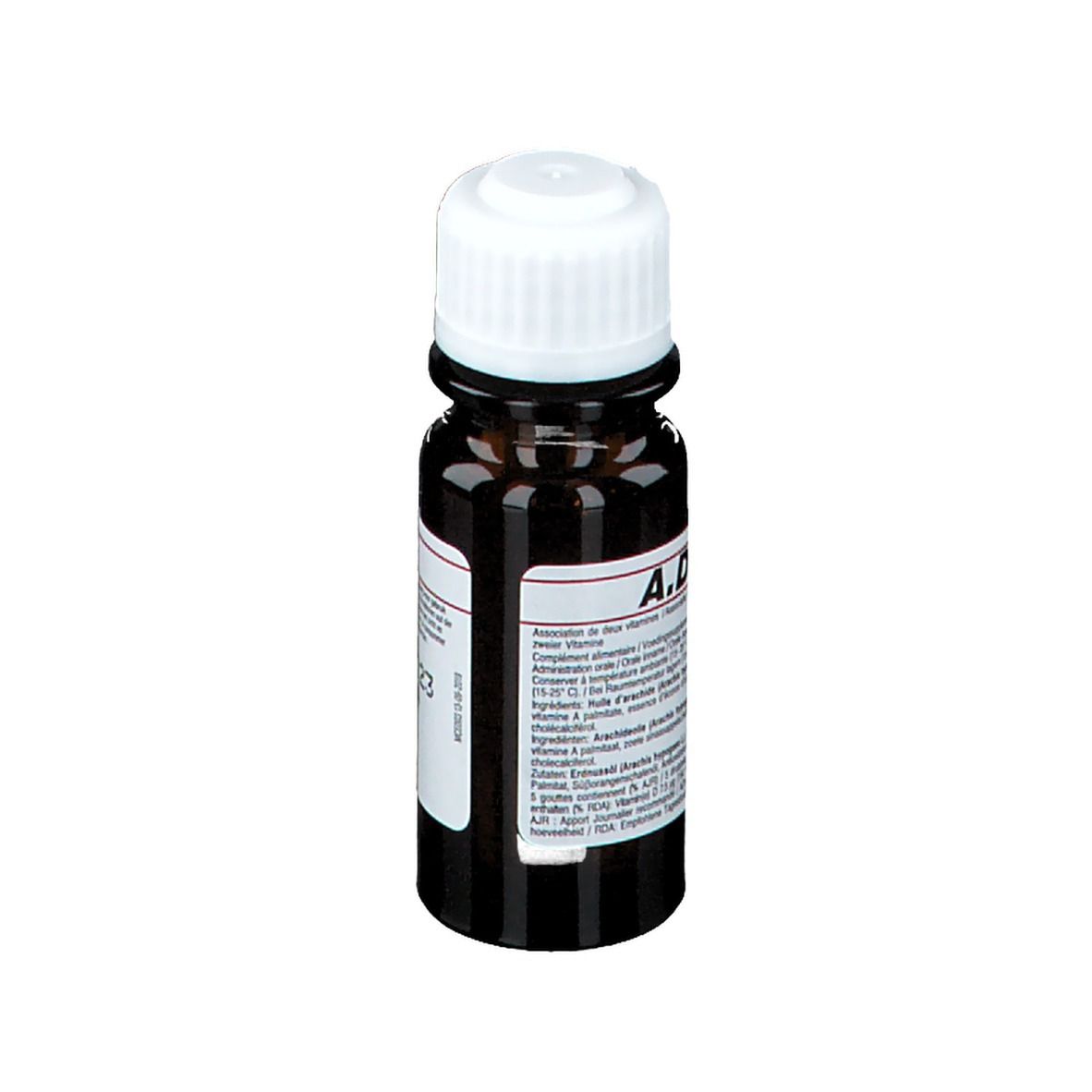 Flacon en verre brun avec bouchon blanc. Étiquette avec nom A.D.-CURE et informations. Logo SMB.