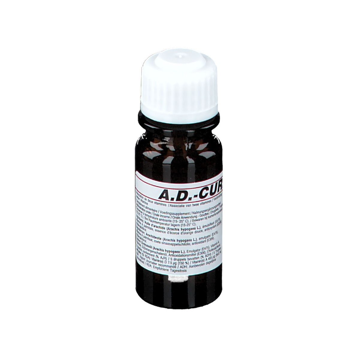 Flacon en verre brun avec bouchon blanc. Étiquette avec nom A.D.-CURE et informations. Logo SMB.