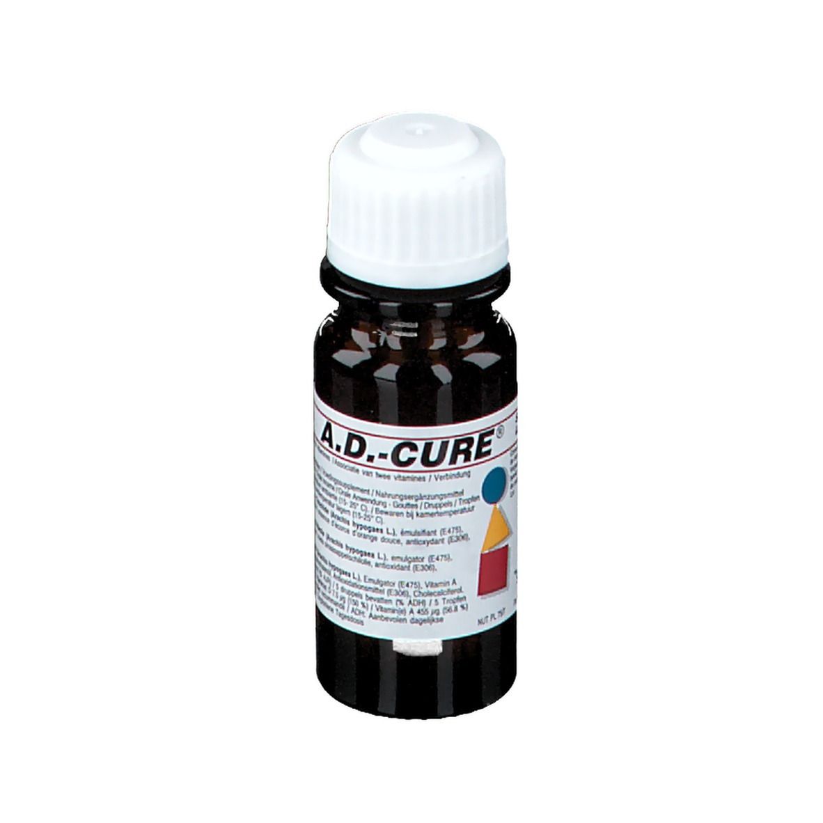 Flacon en verre brun avec bouchon blanc. Étiquette avec nom A.D.-CURE et informations. Formes géométriques colorées.