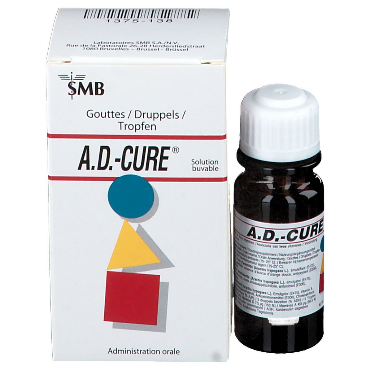 Flacon et emballage A.D.-CURE. Boîte blanche avec nom, logo et formes géométriques. Solution buvable.