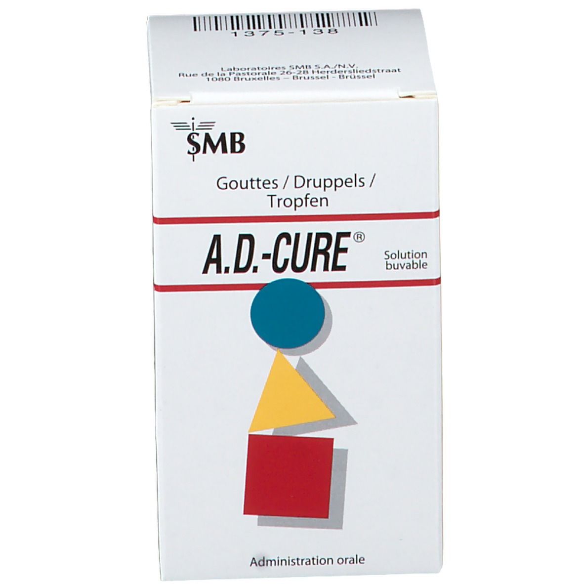 Boîte blanche avec nom A.D.-CURE, logo et formes géométriques. Solution buvable. Logo SMB.
