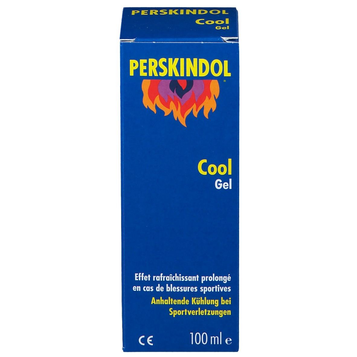 Emballage bleu du produit avec nom et logo. Texte: Cool Gel. Inscription: 100 ml. Marquage CE.