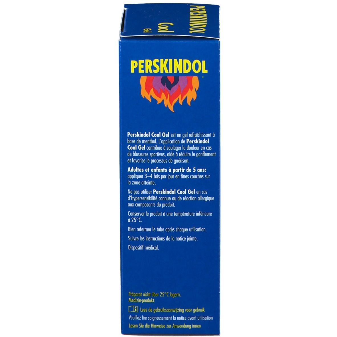 Emballage bleu du produit. Texte au dos. Informations sur l'utilisation et les ingrédients. Marquage CE.