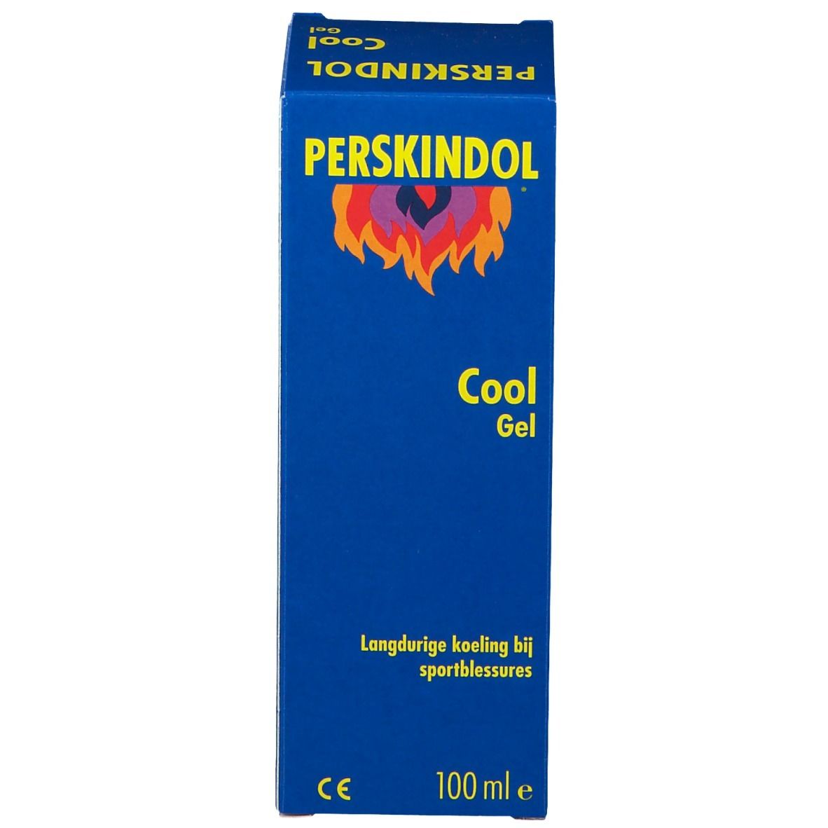 Emballage bleu du produit avec nom et logo. Texte: Cool Gel. Inscription: 100 ml. Marquage CE.