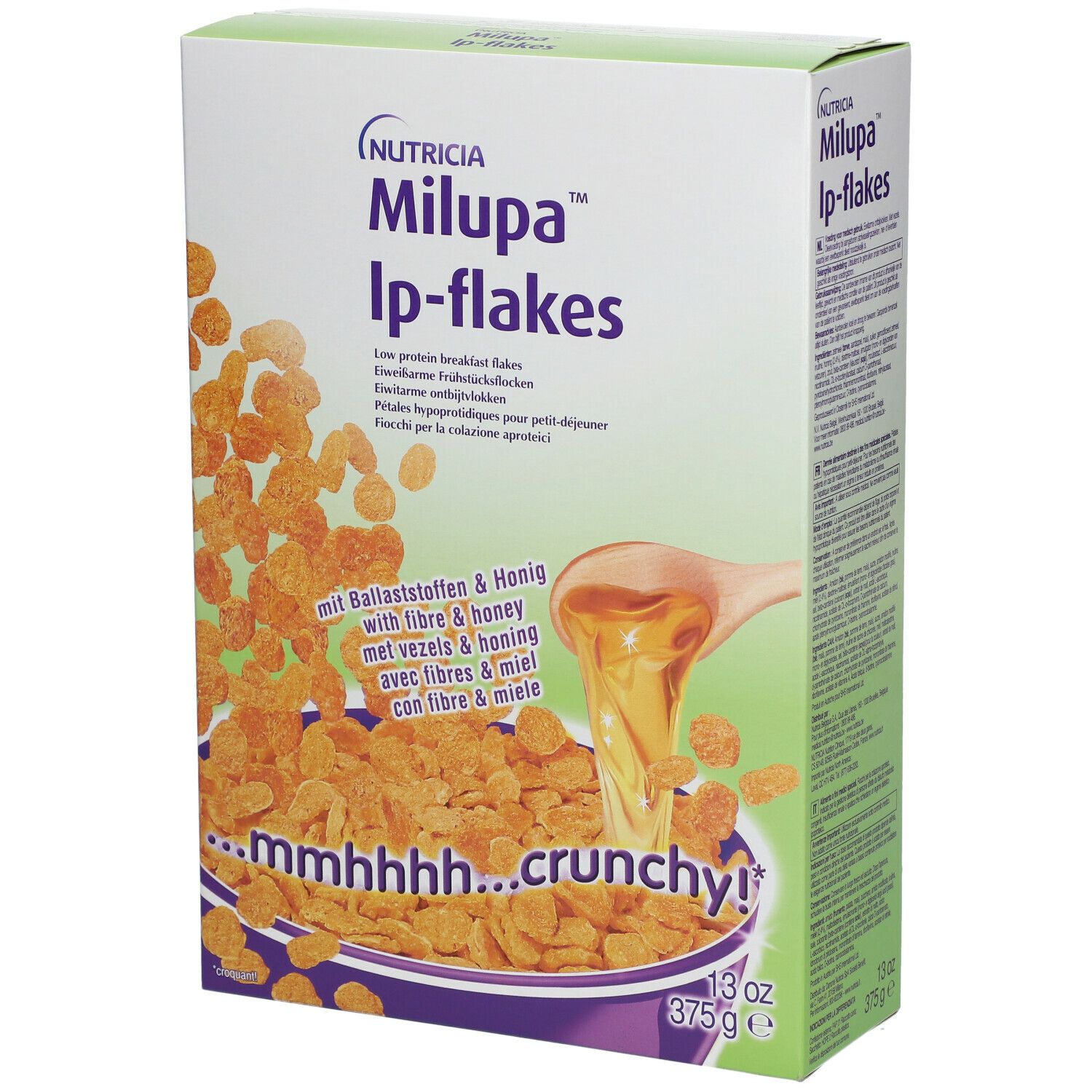 Boîte de céréales Milupa Lp-flakes. Inscription: Milupa Lp-flakes, avec miel et fibres. 13 oz, 375 g.