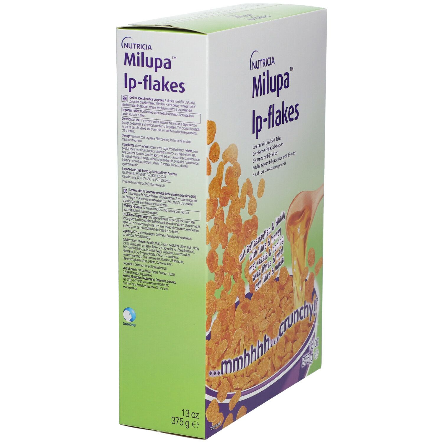 Vue latérale de la boîte Milupa Lp-flakes. Inscription: Milupa Lp-flakes, 13 oz, 375 g. Texte et illustrations.