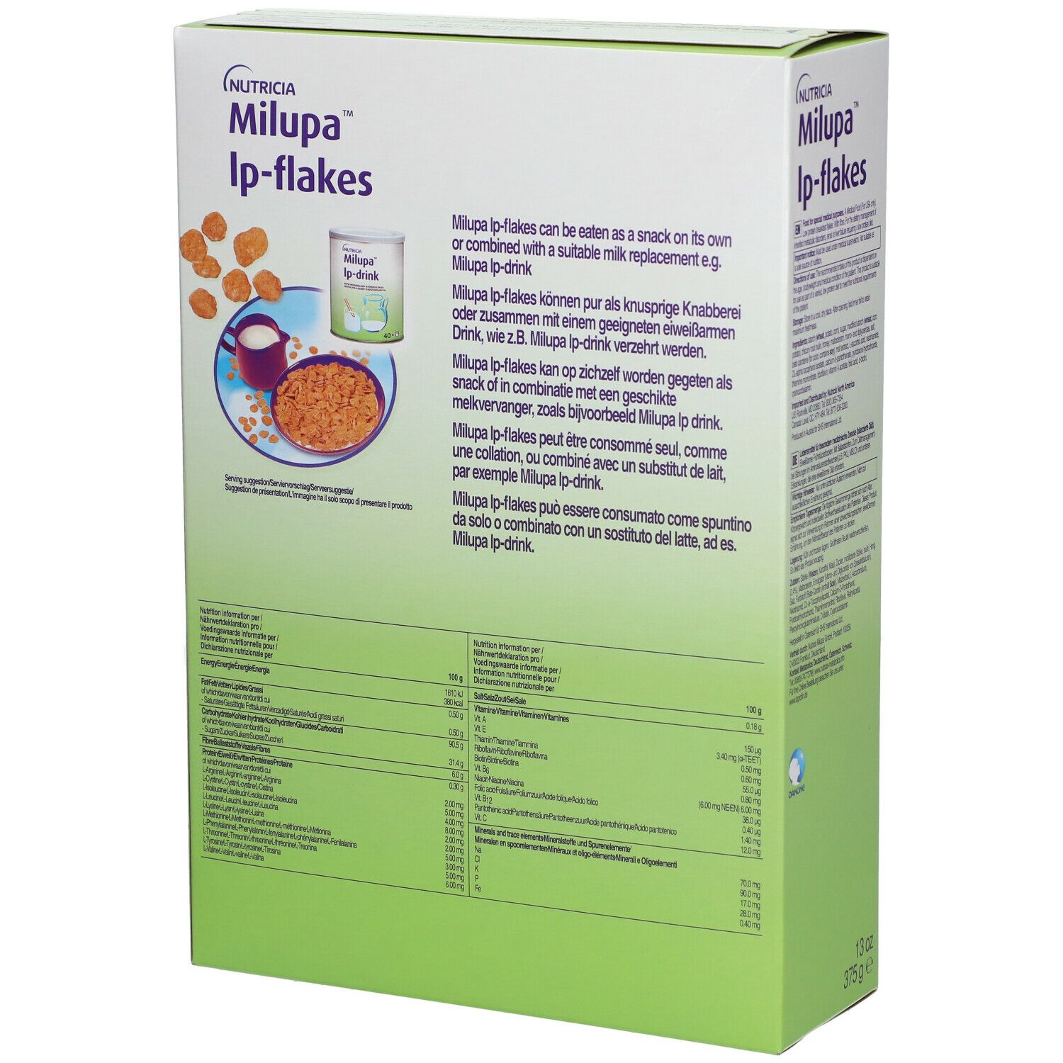 Dos de la boîte Milupa Lp-flakes. Texte avec informations nutritionnelles et instructions. 13 oz, 375 g.