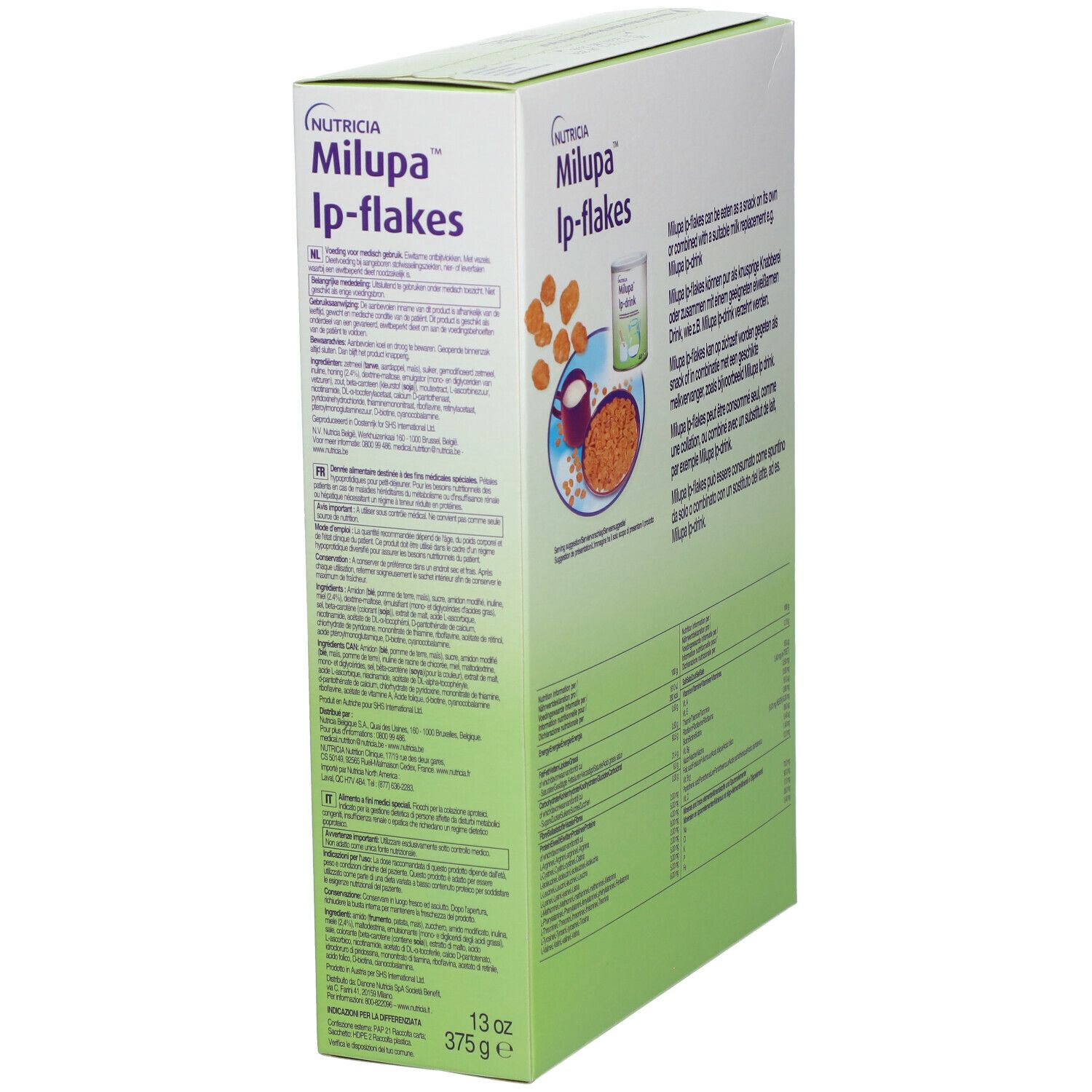 Vue latérale de la boîte Milupa Lp-flakes. Texte avec informations nutritionnelles et instructions. 13 oz, 375 g.