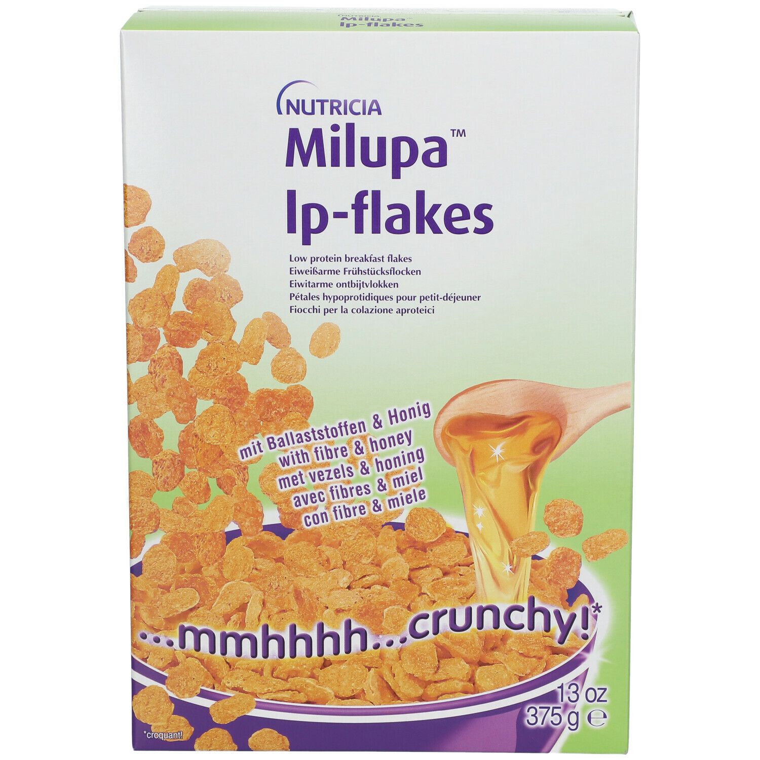 Boîte de céréales Milupa Lp-flakes. Inscription: Milupa Lp-flakes, avec miel et fibres. 13 oz, 375 g.