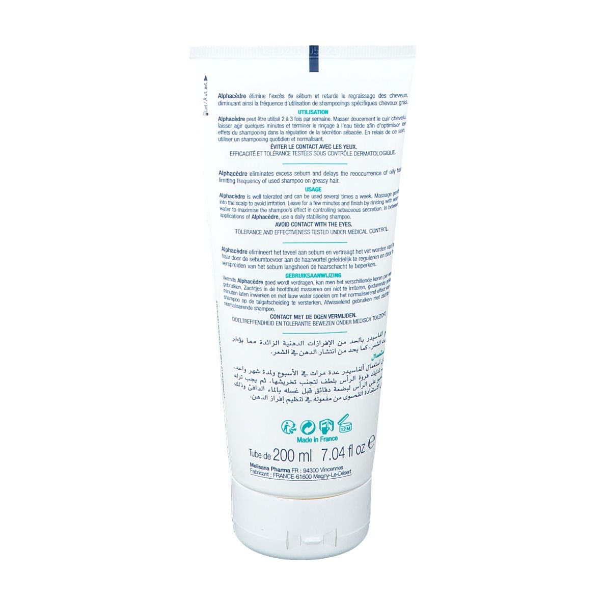 Dos d'un tube blanc. Texte: AlphaCèdre, informations sur l'utilisation et les ingrédients. Informations du fabricant et logos.