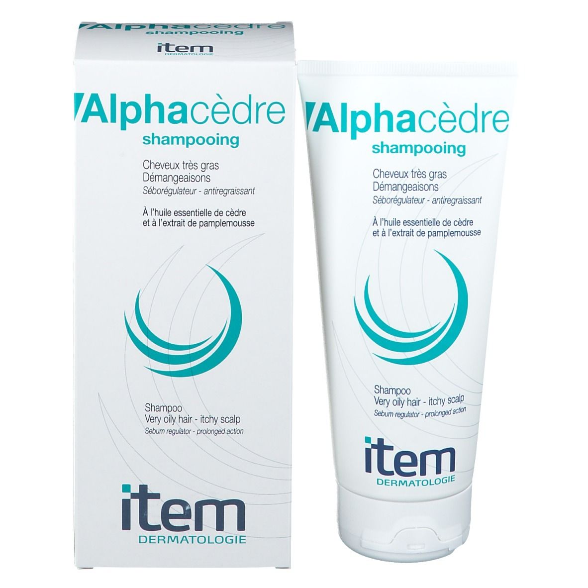 Emballage du produit: boîte et tube. Texte: AlphaCèdre Shampooing, pour cheveux gras. Marque: item Dermatologie. Vagues turquoise.