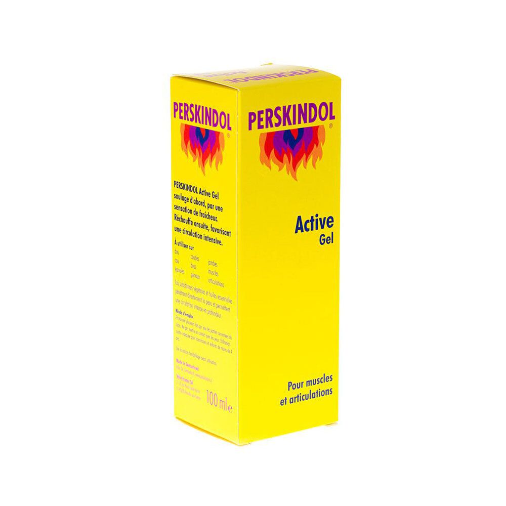 Tube de gel jaune. Inscription : Perskindol Active Gel. Logo de flammes. Pour les muscles et les articulations.