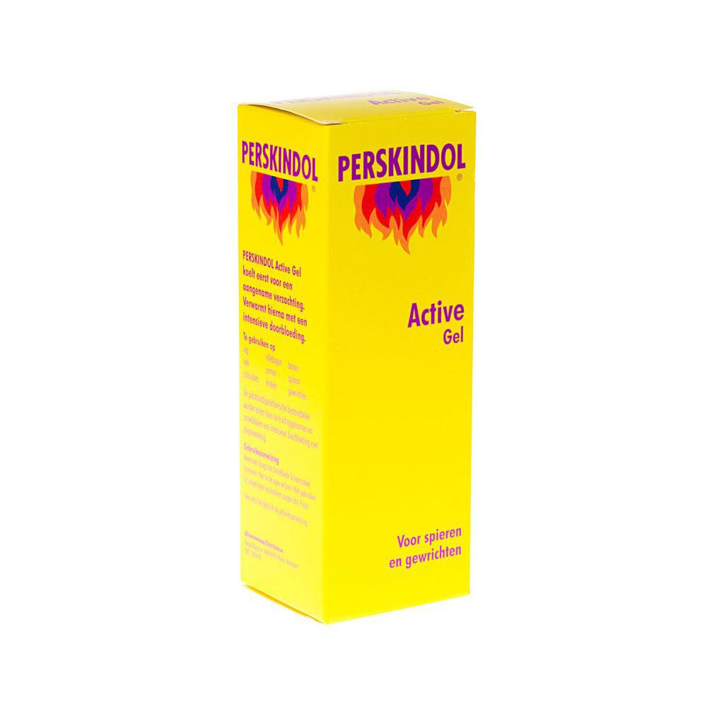 Gele gel tube. Opschrift: Perskindol Active Gel. Vlammenlogo. Voor spieren en gewrichten.