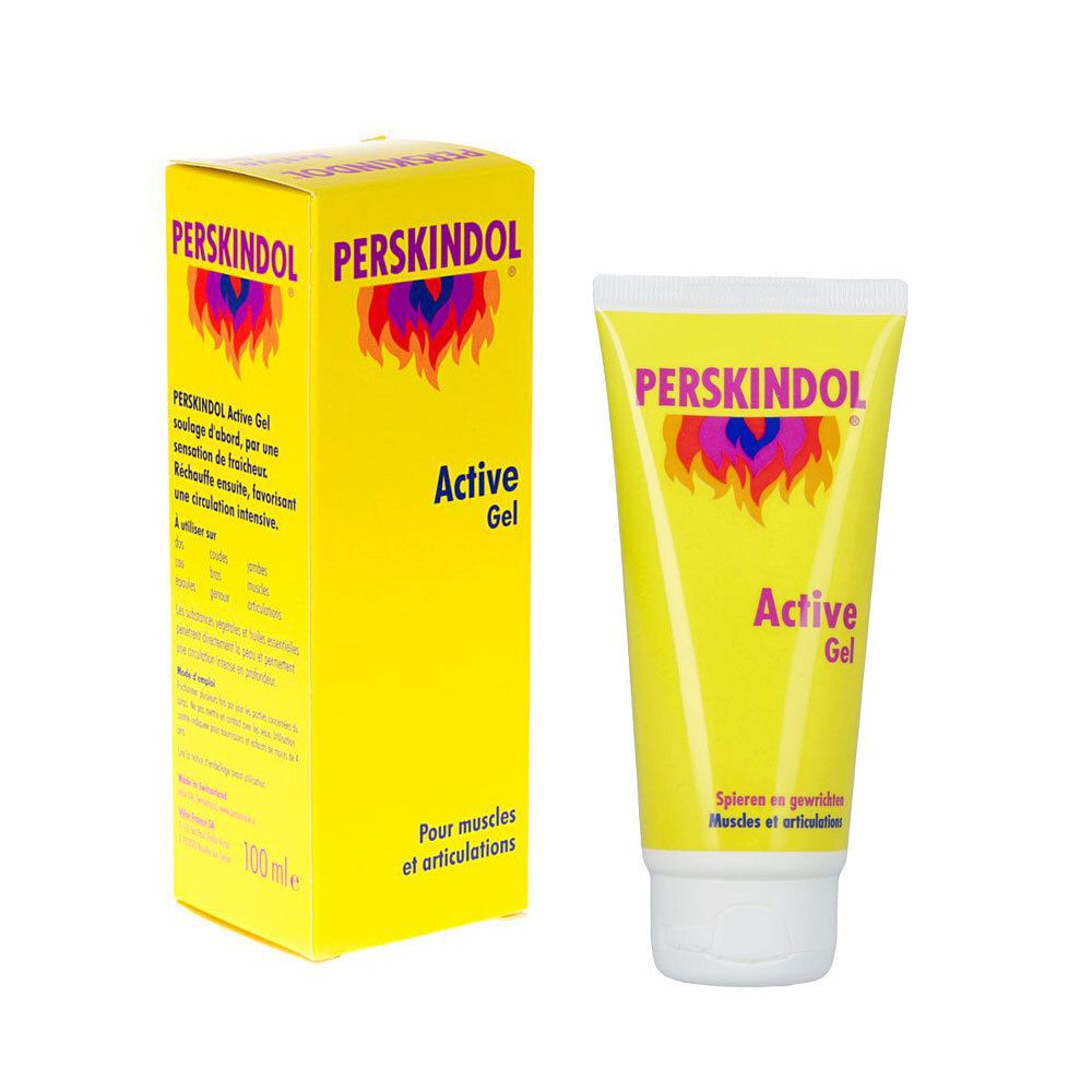Tube de gel jaune. Inscription : Perskindol Active Gel. Logo de flammes. Pour les muscles et les articulations.