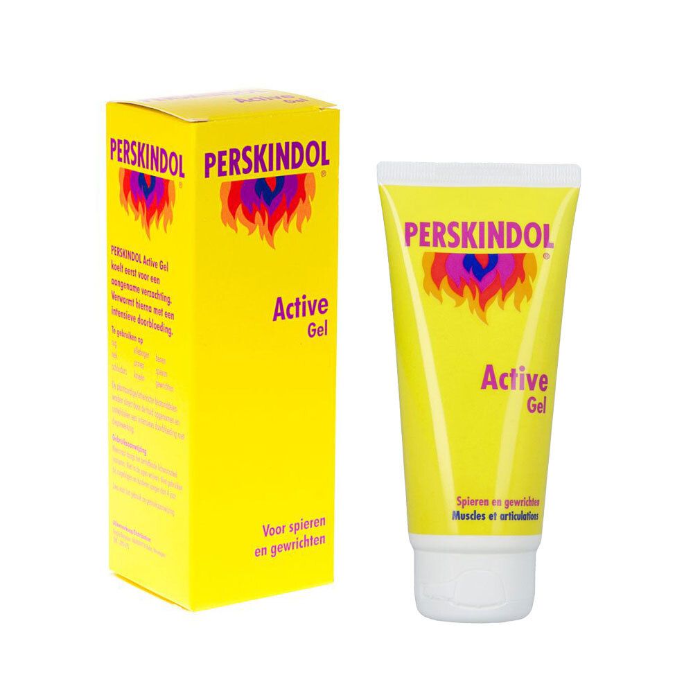 Tube en doos. Opschrift: Perskindol Active Gel. Vlammenlogo. 100ml. Voor spieren en gewrichten. CE-markering.
