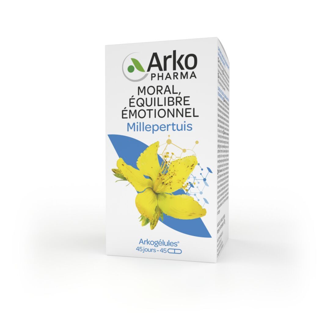 Emballage produit. Inscription : Arkogélules Millepertuis. Logo Arkopharma. 45 gélules. Image : fleur jaune.
