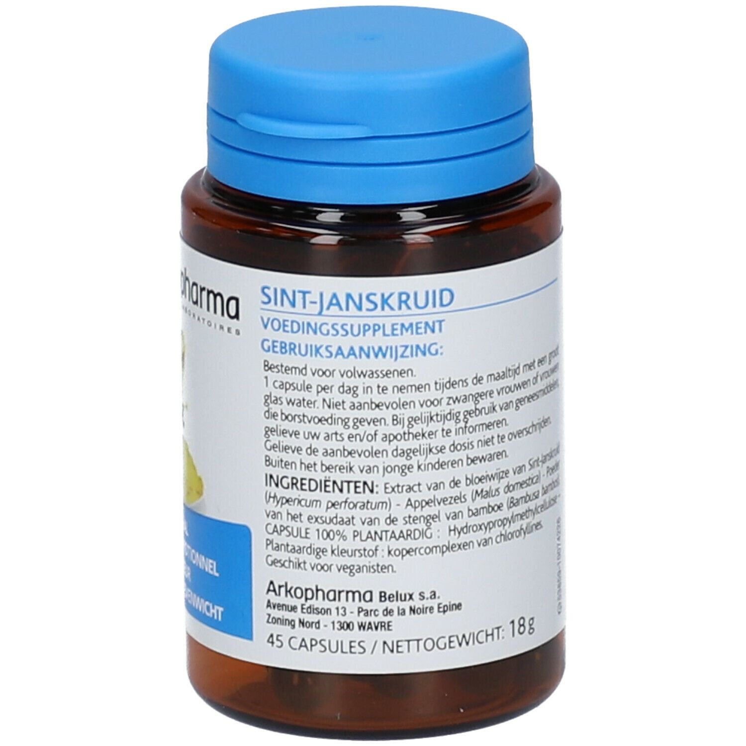 Flacon marron avec bouchon bleu. Étiquette avec informations produit. Inscription : Sint-Janskruid, 45 capsules, 18g. Logo Arkopharma.