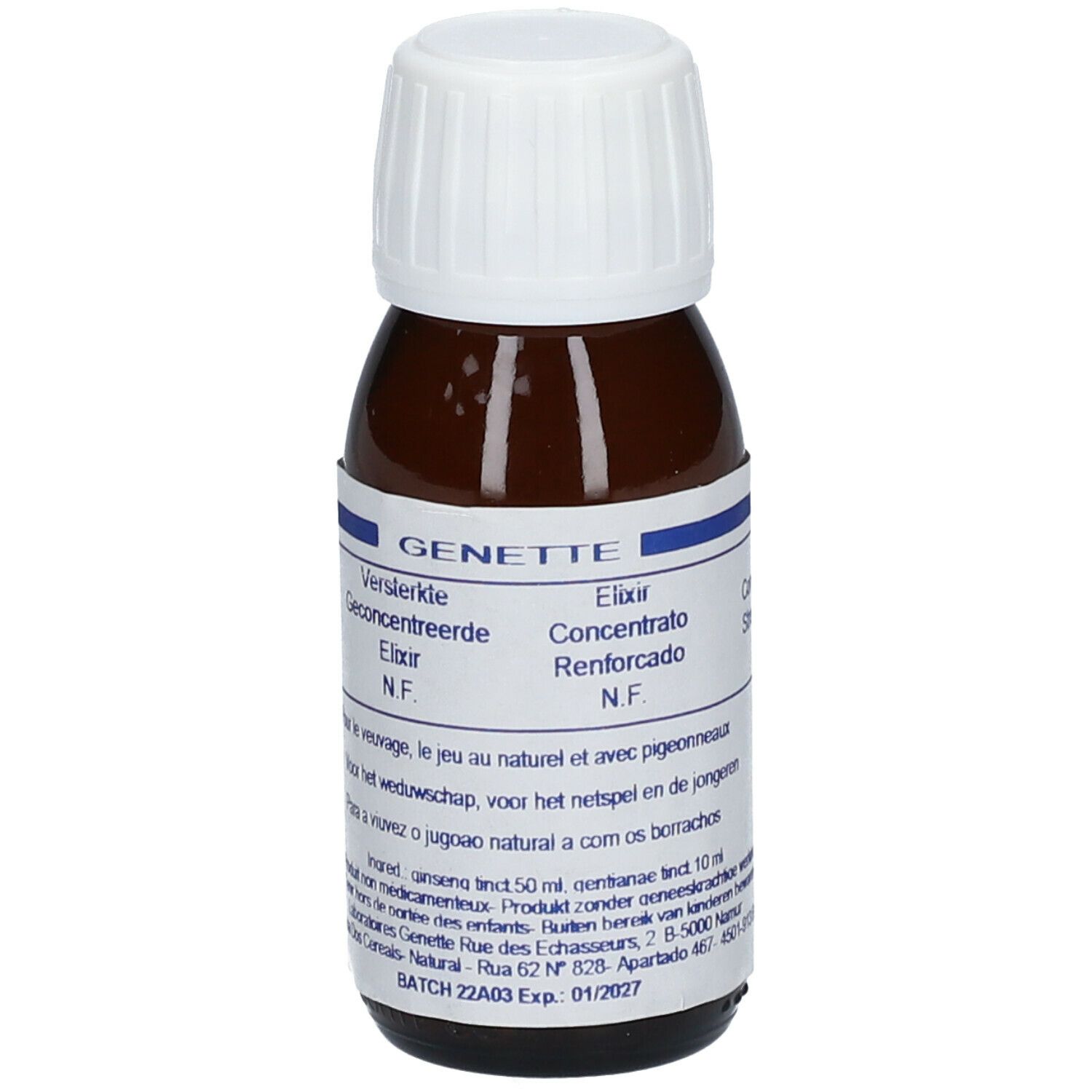 Flacon en verre brun avec bouchon blanc. Étiquette avec nom du produit et informations multilingues. Inscription: GENETTE Elixir.