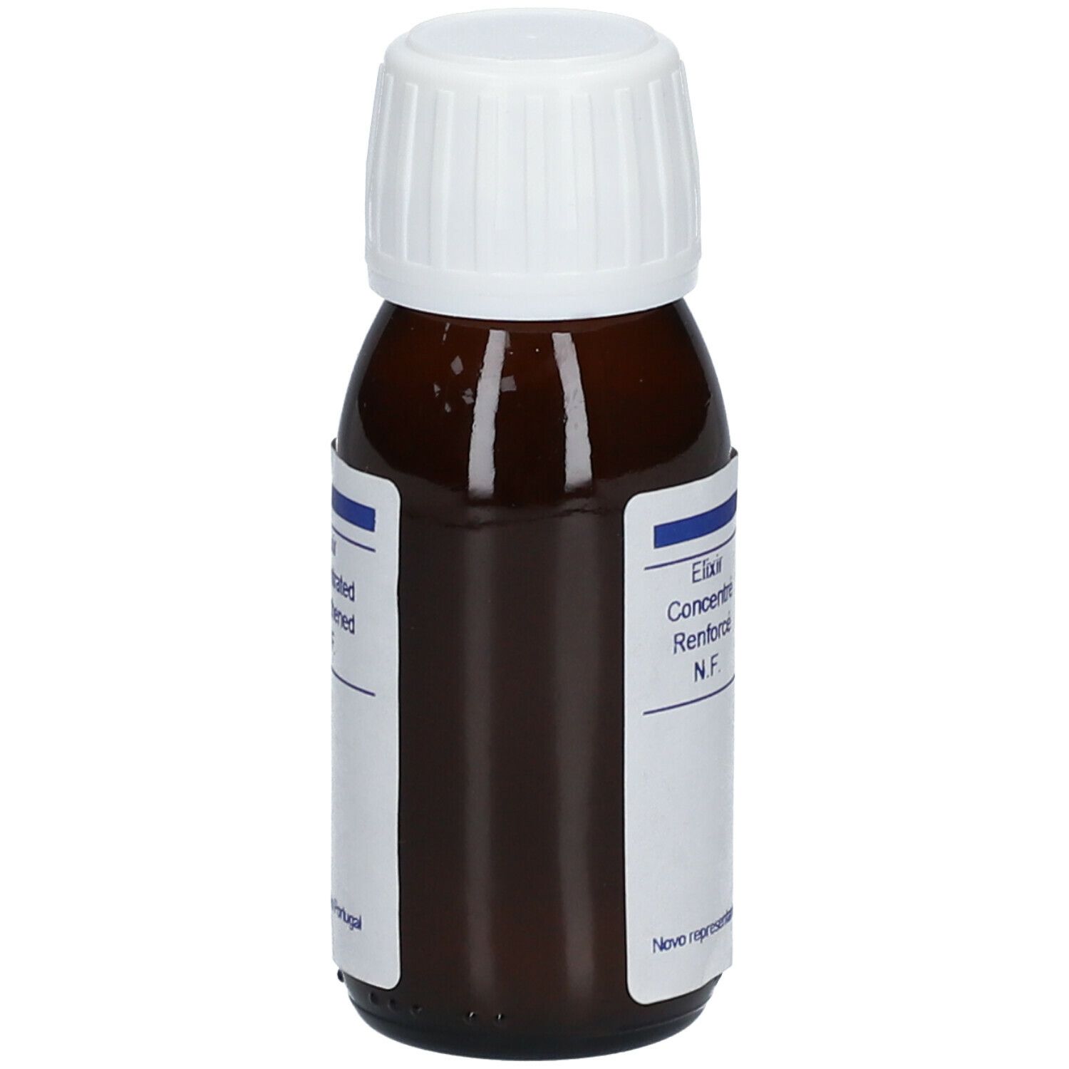 Flacon en verre brun avec bouchon blanc. Étiquette avec nom du produit et informations multilingues. Inscription: GENETTE Elixir.