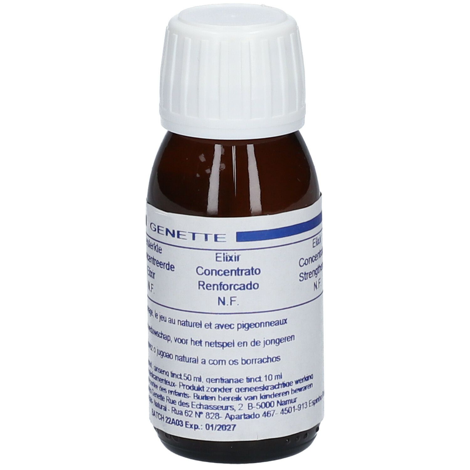 Flacon en verre brun avec bouchon blanc. Étiquette avec nom du produit et informations multilingues. Inscription: GENETTE Elixir.
