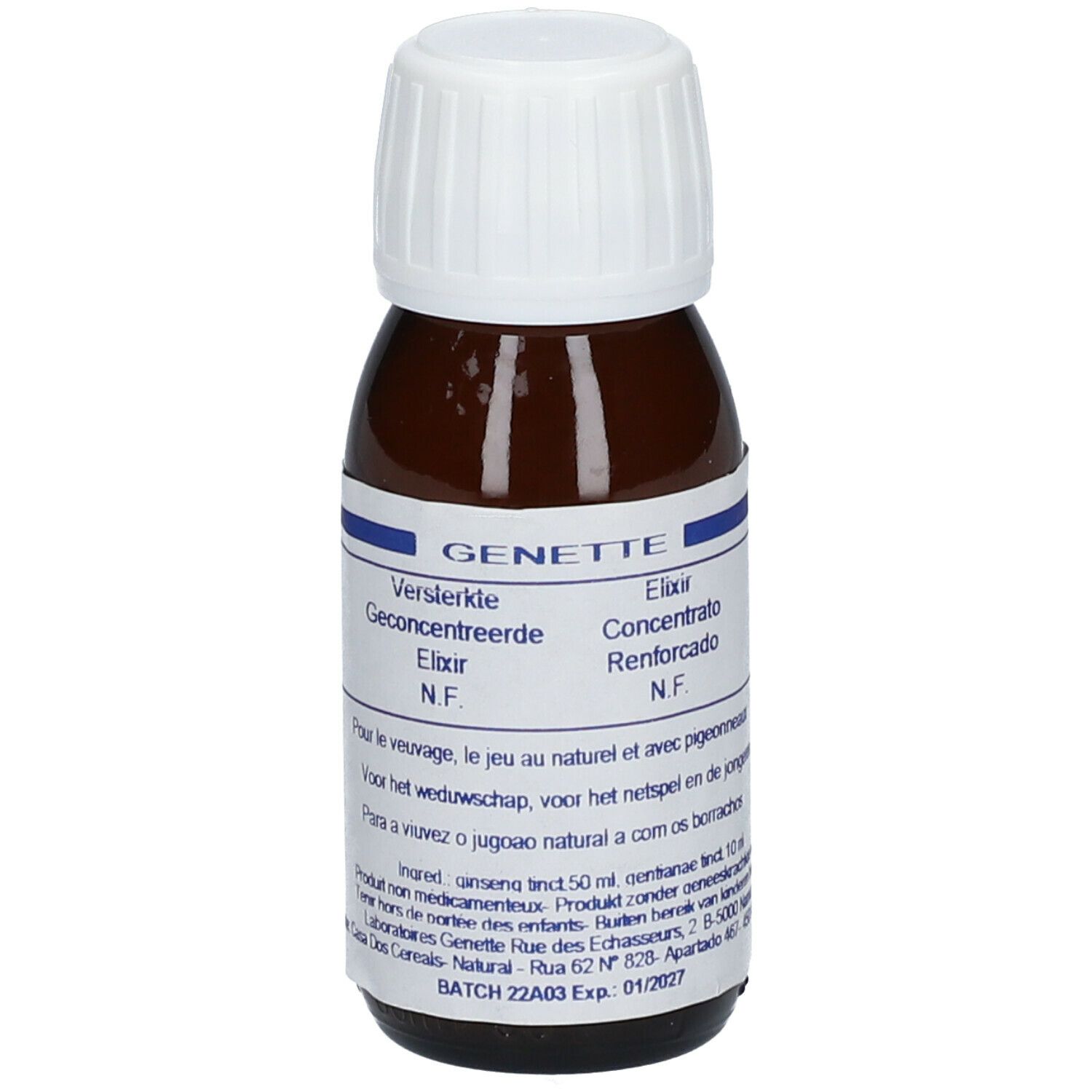 Flacon en verre brun avec bouchon blanc. Étiquette avec nom du produit et informations multilingues. Inscription: GENETTE Elixir.