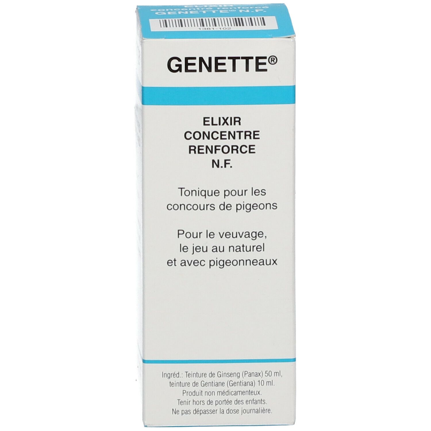 Boîte blanche avec accents bleus. Inscription: GENETTE Elixir Concentré Renforcé N.F. Texte en français. Informations produit.